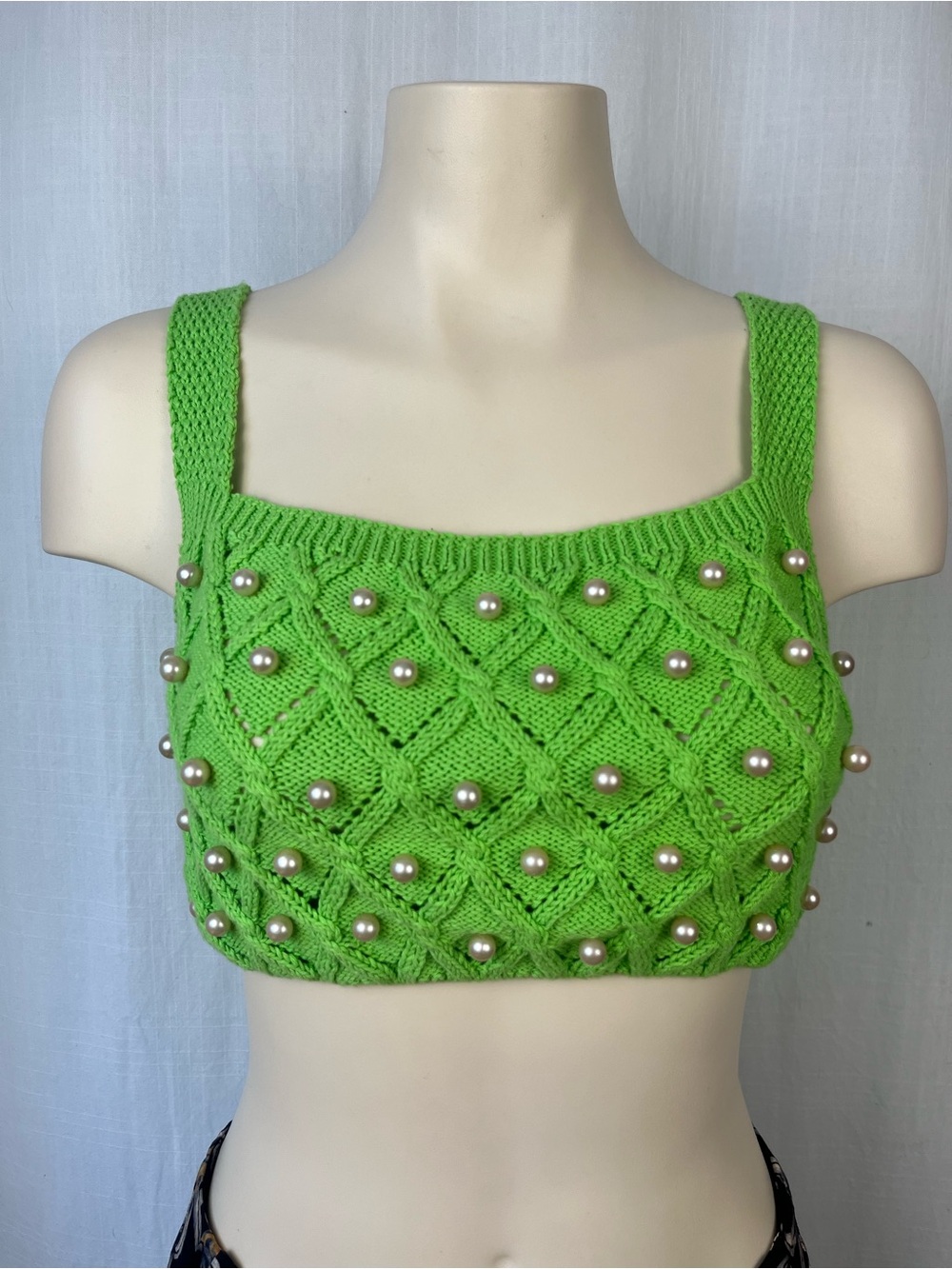 Zara Lime Green Pearl-Embellished Knit Crop Top Small